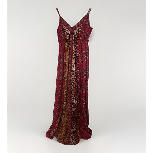 Angie Dress Small Red Floral Mixed Media Smocked Lace Up Back Straps Maxi Boho - Picture 1 of 9
